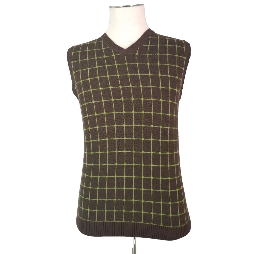 Link Sweater Vest Men Medium Brown Golf V-Neck Wool Blend Preppy Hipster Grid